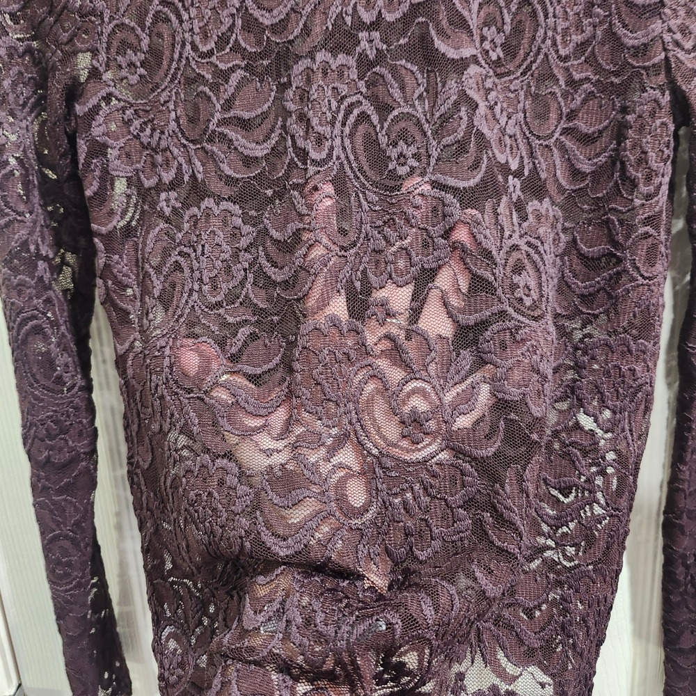 LOFT Women XS Petite Brown Floral Lace Mock Neck Long Sleeve Blouse Top - Picture 3 of 7